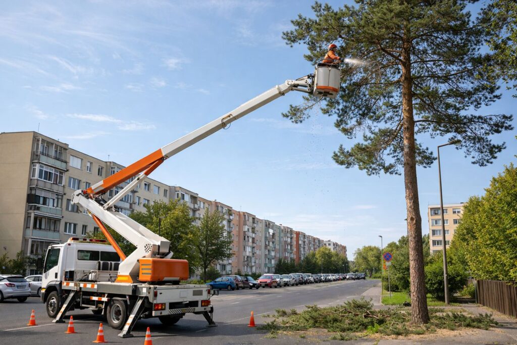 Emelőkosaras fakivágás Budapesten