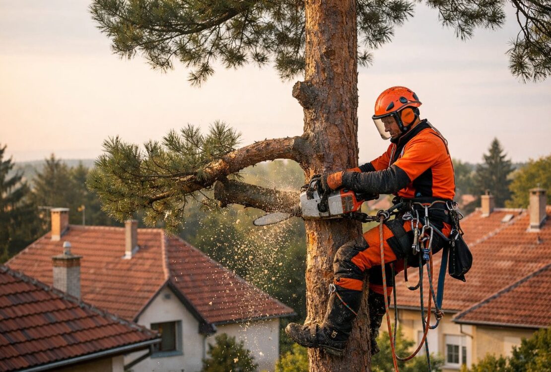 Fenyőfa kivágás alpintechnikával – szakember kötelekkel dolgozik