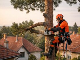Fenyőfa kivágás alpintechnikával – szakember kötelekkel dolgozik
