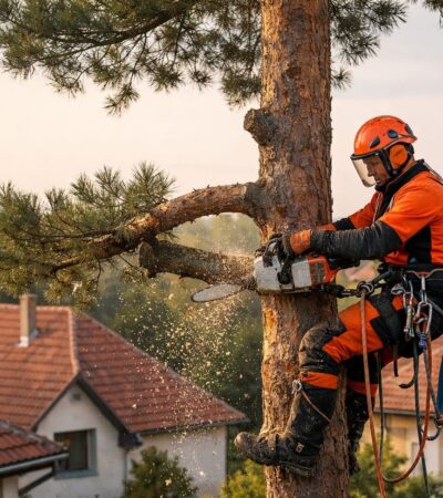 Fenyőfa kivágás alpintechnikával – szakember kötelekkel dolgozik